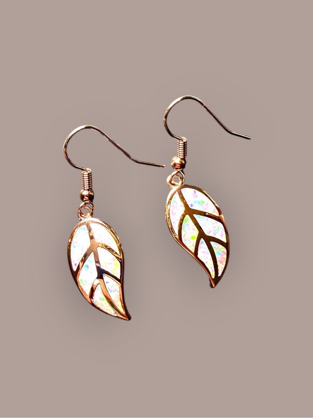 18K Rose Gold Plated Simulated Opal Leaf Earrings - Picture 2 of 4